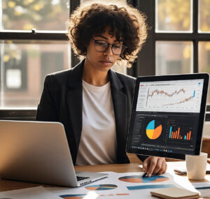 Freelancer reviewing financial overview on screen