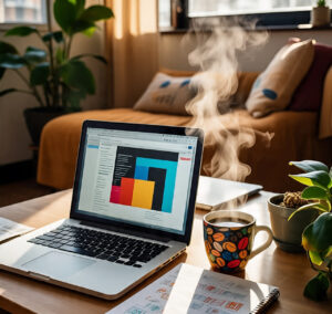 Freelance Business Management desk setup with laptop and coffee